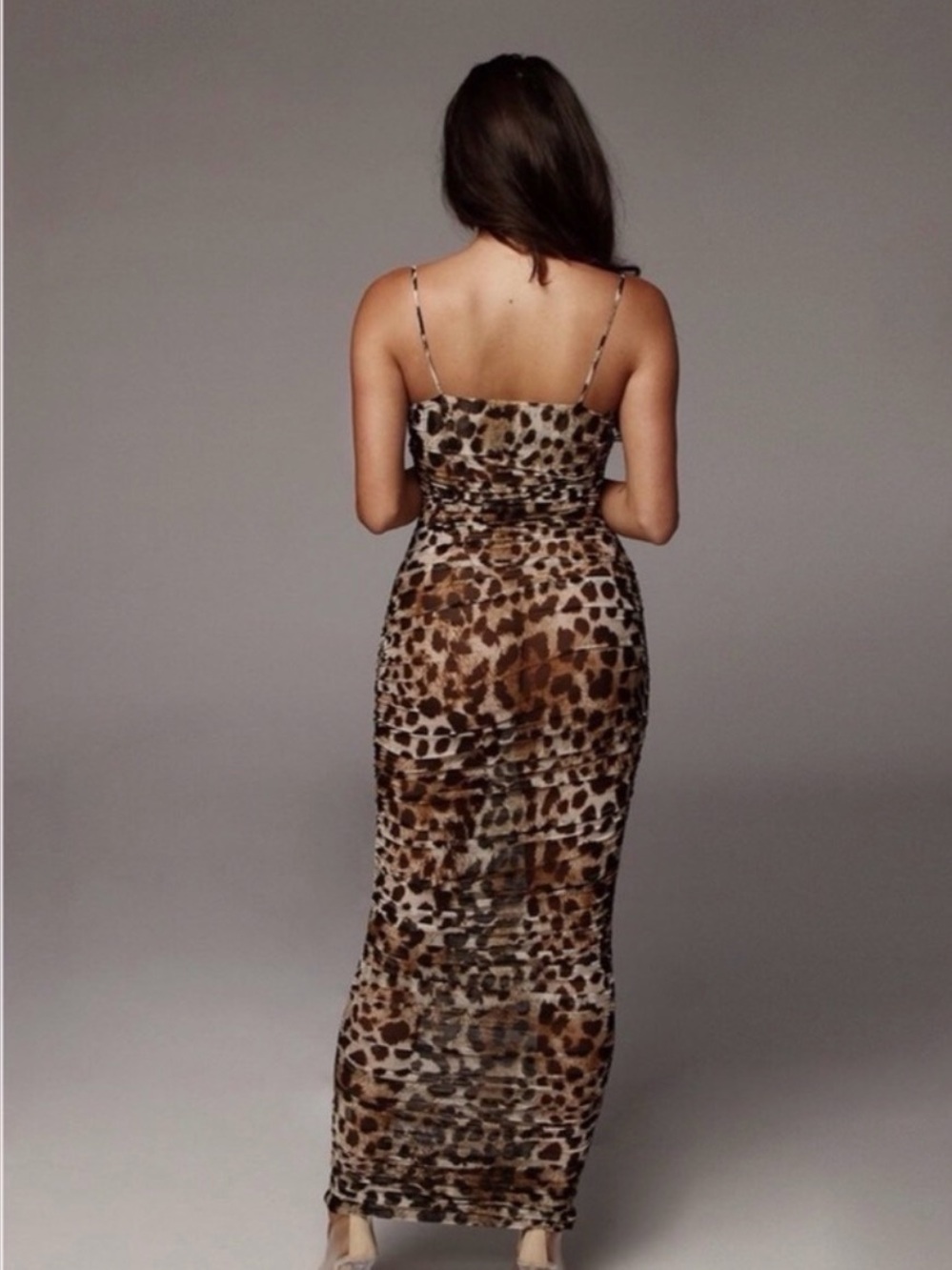 Leopard Sheer Ruched Dress - Picture 3 of 10